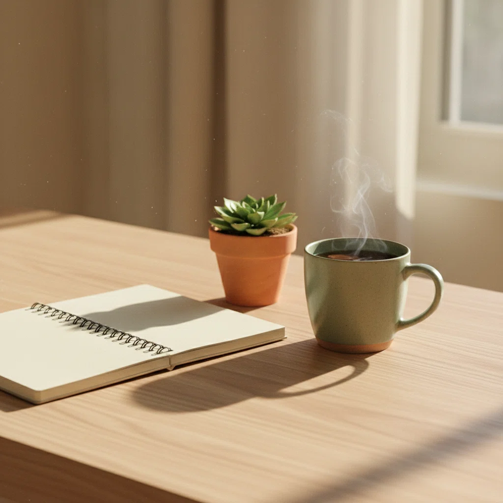 A tidy wooden desk with a notebook, a ceramic mug and a small potted plant in warm afternoon light